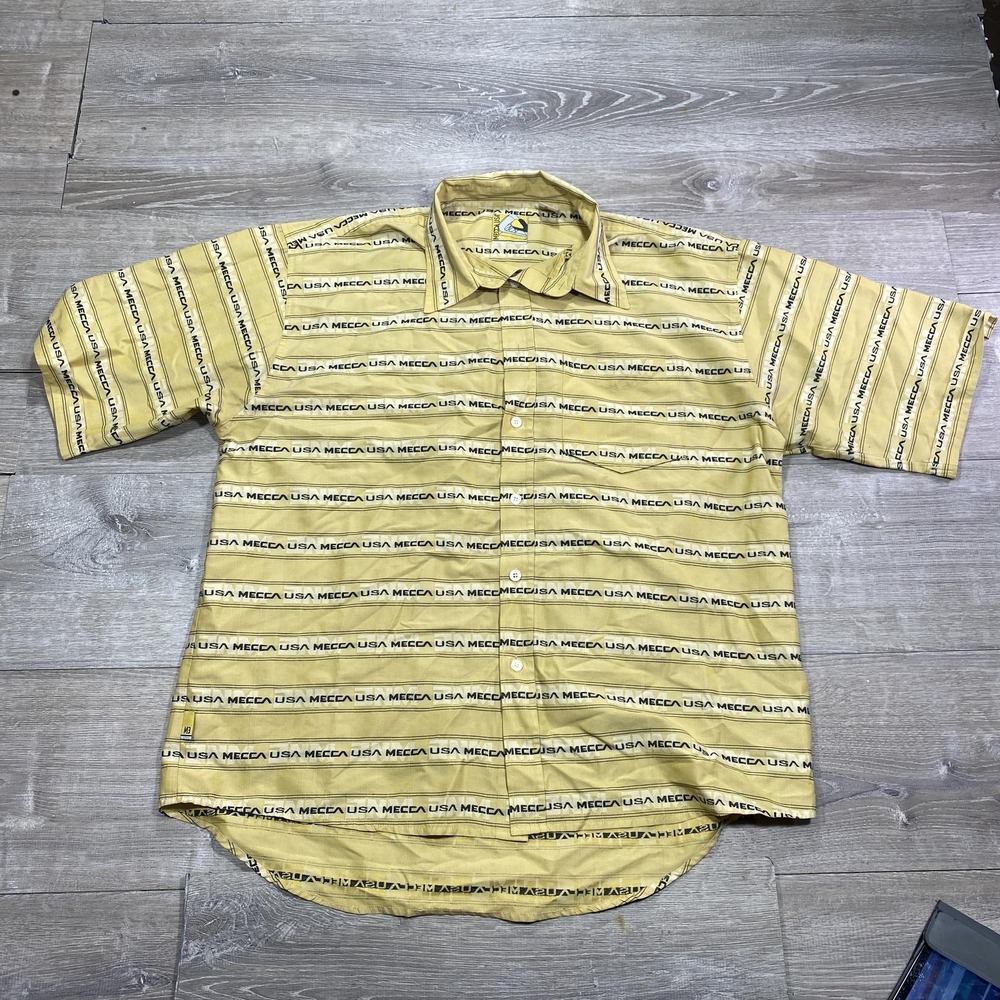 Mecca USA Button Down Shirt Men XL Yellow All Over Logo Print Vintage 90s HipHop